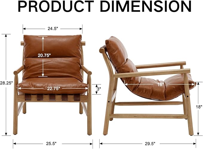 Modern Faux Leather Accent Chair Solid Wood Lounge Chair with Removable Cushion Low Back Reading Chair for Living Room/Bedroom/Balcony Brown Sofa Armchair (Easy Assembly)