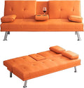 70 Futon Sofa BedMultifunctional Convertible Folding Futon Sofa Bed with Coffee Table 3 Adjustable Reclining Sleeper Sofa Small Leather Couch for Living Room/Bedroom Small Spaces (Orange)
