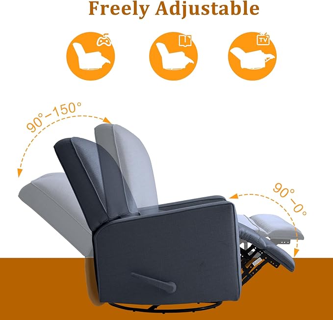 Swivel Rocker Recliner Chair for Adults High Back Fabric Recliner with Deep Seat Manual Glider for Living Room &amp Nursery Blue