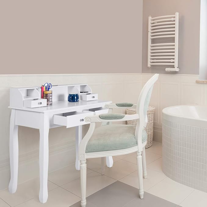 GOFLAME Writing Desk Large Storage Space with 4 Drawers Secretary Table Computer Desk Writing Table with Detachable Tabletop Organizer Suit for Home and Office Use (White)