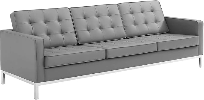 Modway Loft Tufted Button Faux Leather Upholstered Sofa in Silver Gray