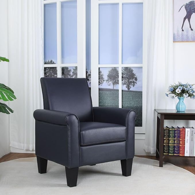Lohoms Mid-Century Modern Leather Accent Chairs Overstuffed Leather Living Room Chair Upholstered Comfortable Club Chair PU Leather Armchair for Bedroom Office Waiting Room -Dark Blue