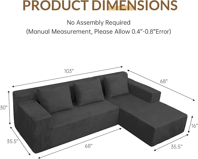 Modular Sectional Sofa L-Shape Couch Upholstered Boneless Corduroy Fluffy Couch for Living Room Deep Seat with Pillow Backrest No Assembly Required (Grey Right Facing Chaise) | Friendly Size Flex