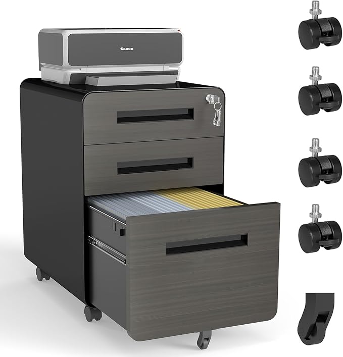 3 Drawer Filing Cabinet Lockable Metal File Cabinet Mobile File Cabinets for Home Office Under Desk Cabinets for Organizer A4/Letter/Legal Fully Assembled (Black)