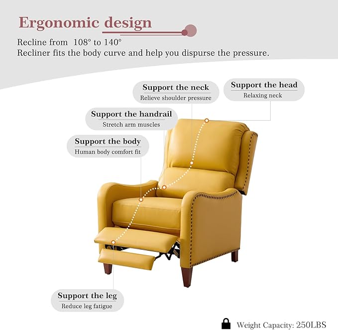 HULALA HOME Genuine Leather Recliner Chair Modern Push Back Recliner Armchair with Thick Seat Backrest &amp Footrest Nailhead Decor for Living Room Bedroom Yellow