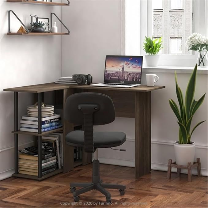 Furinno Abbott L-Shape Computer Desk with Bookshelf Columbia Walnut/Black