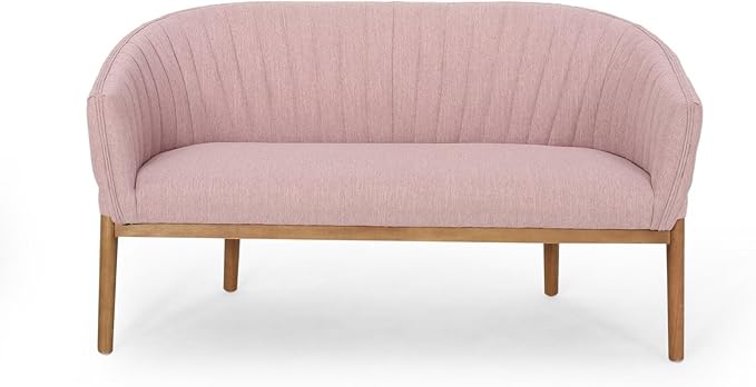 Blush Fabric Loveseat Sofa - Mid Century Modern Channel Stitched Backrest with Brown Rubberwood Legs for Living Room Bedroom or Foyer