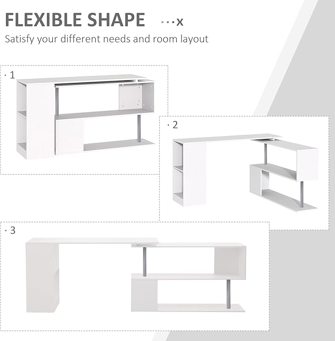 55 360° Rotating Corner Computer Desk Modern L Shaped Home Office Workstation with 3 Tier Storage Shelves Bookshelf White