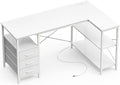 Huuger L Shaped Office Desk with Power Outlets 47 Inch Computer Desk with 3 Drawers Shelves for Gaming Corner Work Home Office Study White