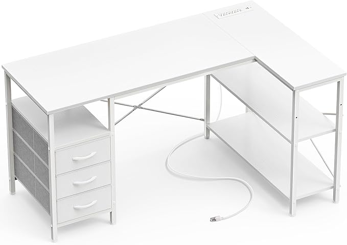 Huuger L Shaped Office Desk with Power Outlets 47 Inch Computer Desk with 3 Drawers Shelves for Gaming Corner Work Home Office Study White