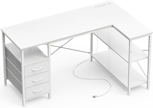 Huuger L Shaped Office Desk with Power Outlets 47 Inch Computer Desk with 3 Drawers Shelves for Gaming Corner Work Home Office Study White