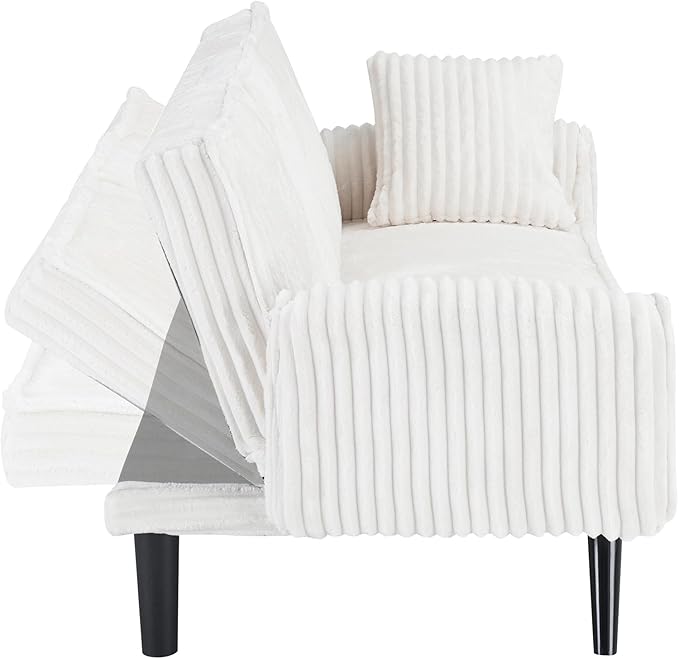 72 Modern Corduroy Sofa Bed FutonConvertible Sleeper Couch Bed with Cup Holder4 Reclining PositionsFolding Sofa Cloud Loveseat for Small Living Room Apartment Office (White)