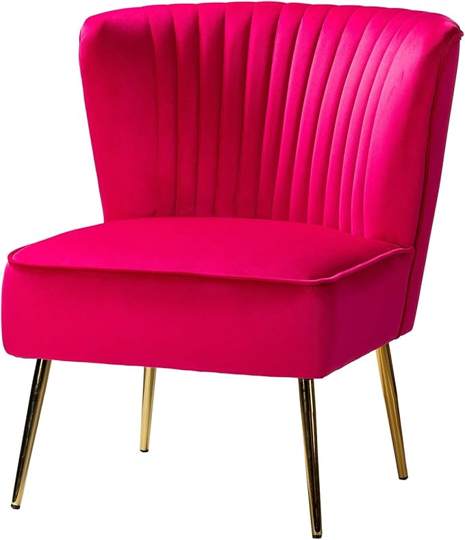 HULALA HOME Velvet Accent Chair Modern Upholstered Cute Side Chair with Gold Metal Legs Armless Wingback Slipper Chair Comfy Living Room Chair for Bedroom Guest Room VanityFuchsia