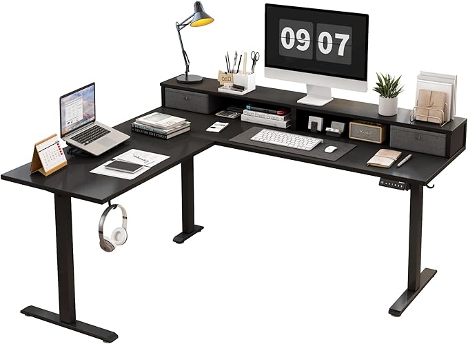 Agilestic L Shaped Electric Standing Desk with 2 Drawers 63 Inch Ergonomic Adjustable Height Desk with Storage Corner Desk Sit Stand up Computer Table for Work Office Home Black