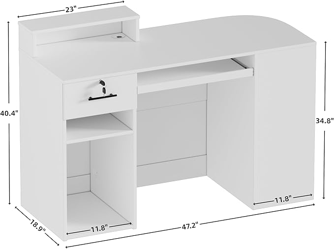 Modern Reception Desk with LED Light and Open Shelves Front Desk with Lockable Drawers &amp Keyboard TrayReception Counter Table with Storage for Checkout Office Lobby Nail Salon Spa (C.White)