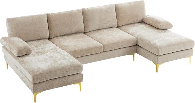 VINGLI 110 Large U-Shape Sectional Sofa Couch with 51 D Double Chaise for Living Room Modern Sectional Couch Set with Soft 5.9 Thickness Seating Padding Chenille FabricMetal Gold Legs(Khaki)
