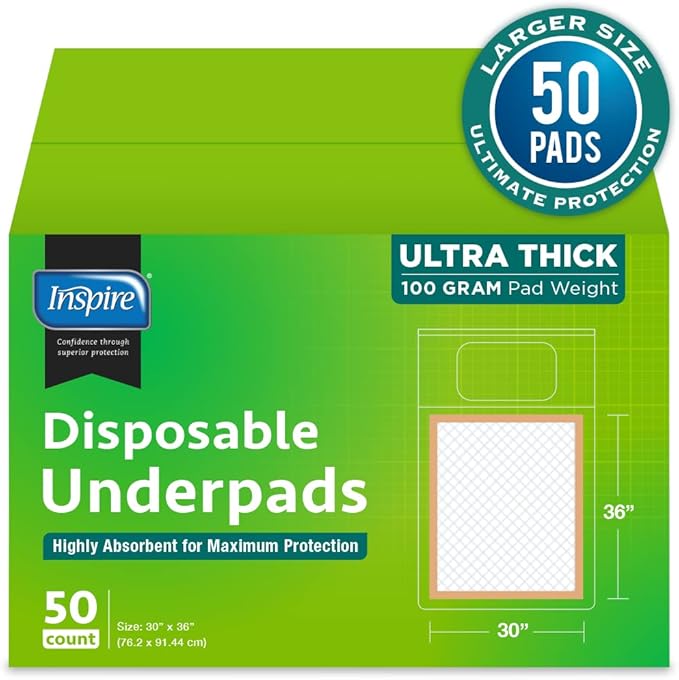 Inspire Extra Large Super Absorbent Disposable Bed Pads for Chronic Incontinence Ultra Thick and Absorbent Bed Pads Disposable Adult | Pee Pads for Adults (30 X 36 Pack of 50)