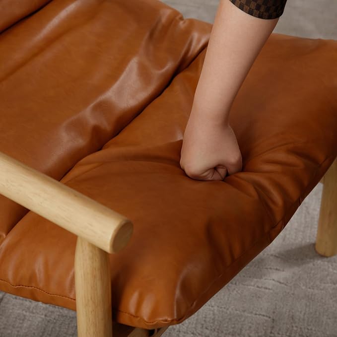 Modern Faux Leather Accent Chair Solid Wood Lounge Chair with Removable Cushion Low Back Reading Chair for Living Room/Bedroom/Balcony Brown Sofa Armchair (Easy Assembly)