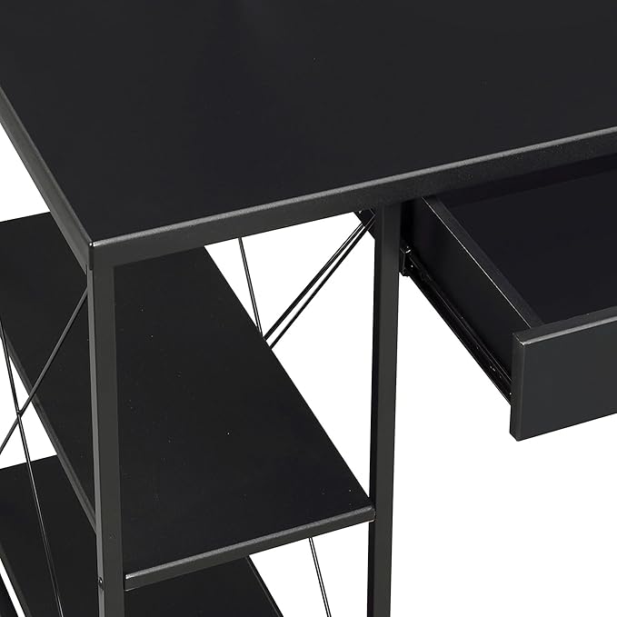 Penau Black Office Desk with Open Shelves and Hutch Writing Desk with Metal Frame Sturdy Surface for Studio Equipment 1 Drawer 8 Open Compartments