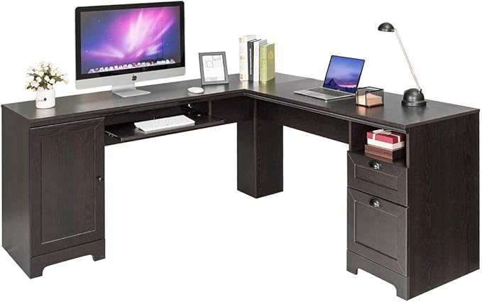 GOFLAME 66 Inch L-Shaped Computer Desk Spacious Corner Desk w/Drawers Cabinet &amp Keyboard Tray Executive Office Desk Study Gaming Workstation for Home Office (Coffee)