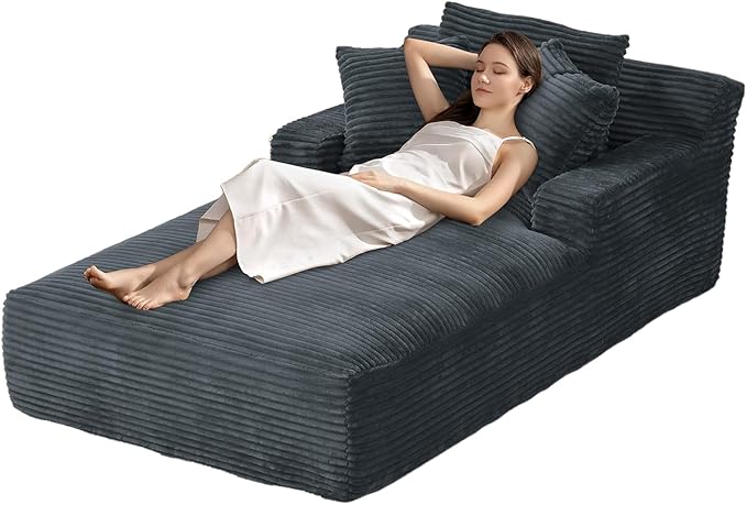 80 Inch Oversized Chaise Lounge Chair IndoorBoneless Corduroy Sofa Bed with Spring CushionDeep Seat Cloud Couch and Reading LoungerSoft Sleeper Sofa for Living RoomNo Assembly Required (Dark Grey)