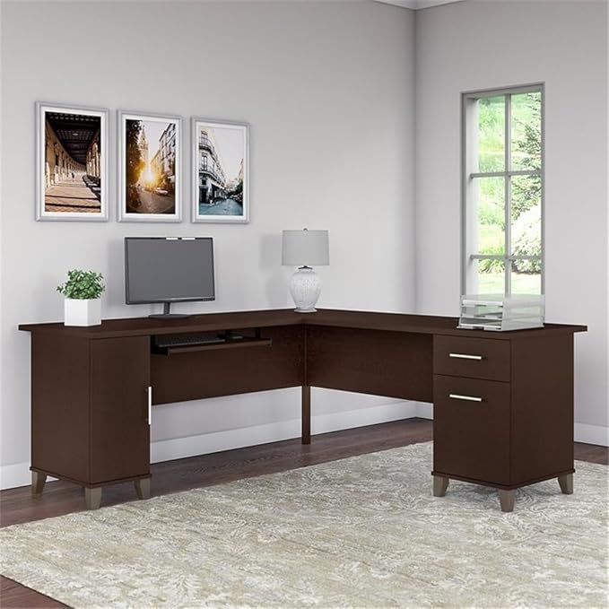 BOWERY HILL 71 Wood L-Shaped Desk Mocha Cherry Finish Transitional Home Office Desk Keyboard Tray Vertical Cabinet File Drawer Box Drawer Wire Management 72W Surface