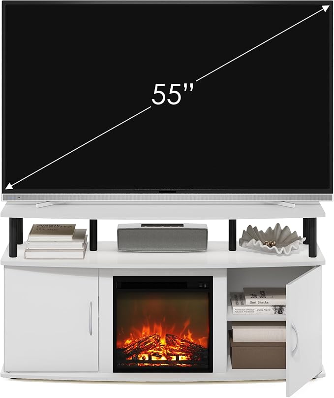 Furinno Jensen TV Stand Entertainment Center TV Console for TV up to 55 Inch with Fireplace and Open Shelf Storage Cabinet for Living Room Bedroom Plain White