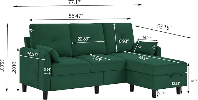 Small Sectional Sofa Convertible Sectional Sofa with Reversible Chaise Modern 3 Seat L-Shaped Sofa Couches for Living Room Apartment Office Green