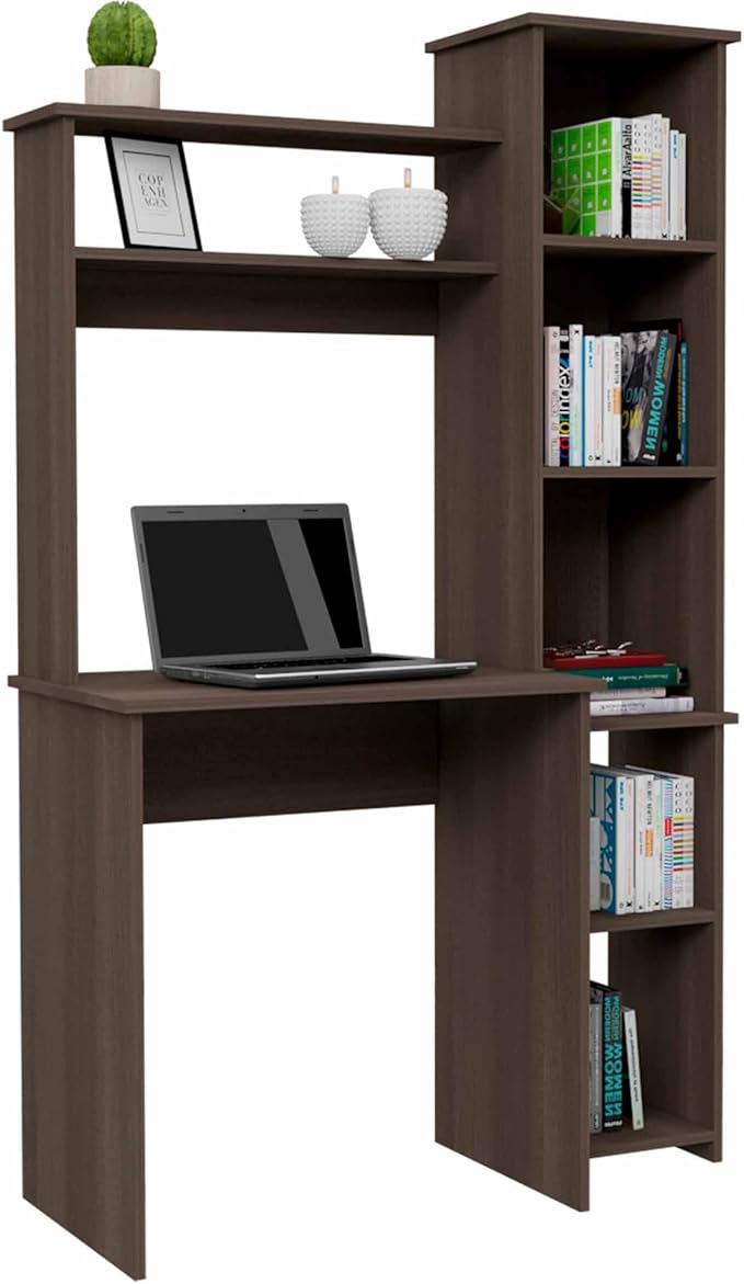 Penau Smokey Oak 6-Shelf Writing Desk with Built-in Bookcase Functional Home Office Furniture Sophisticated Design