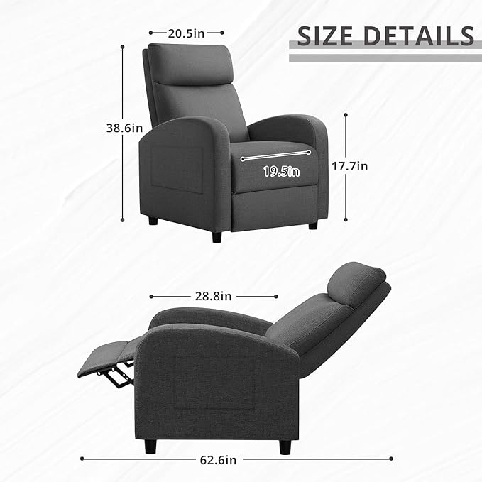 JUMMICO Recliner Chair Adjustable Home Theater Single Recliner Sofa Furniture with Thick Seat Cushion and Backrest Modern Living Room Recliners (Fabric Aurora Grey)