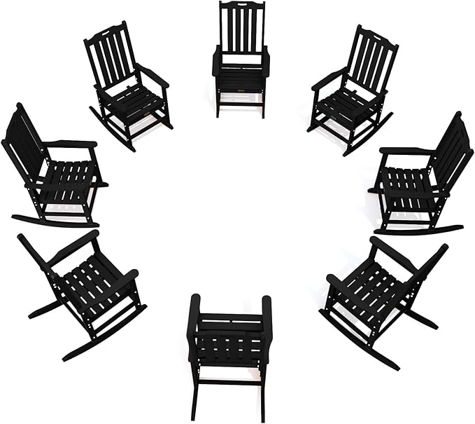 Oversized Rocking Chair Set of 8 Outdoor Rocking Chair for Adults All Weather Resistant Porch Rocker for Lawn Garden Black