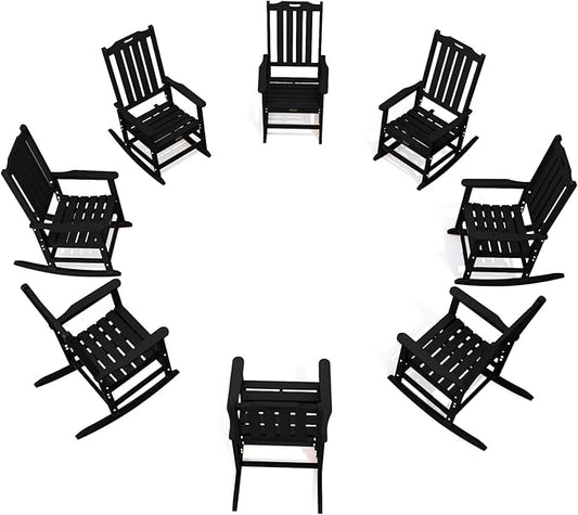 Oversized Rocking Chair Set of 8 Outdoor Rocking Chair for Adults All Weather Resistant Porch Rocker for Lawn Garden Black
