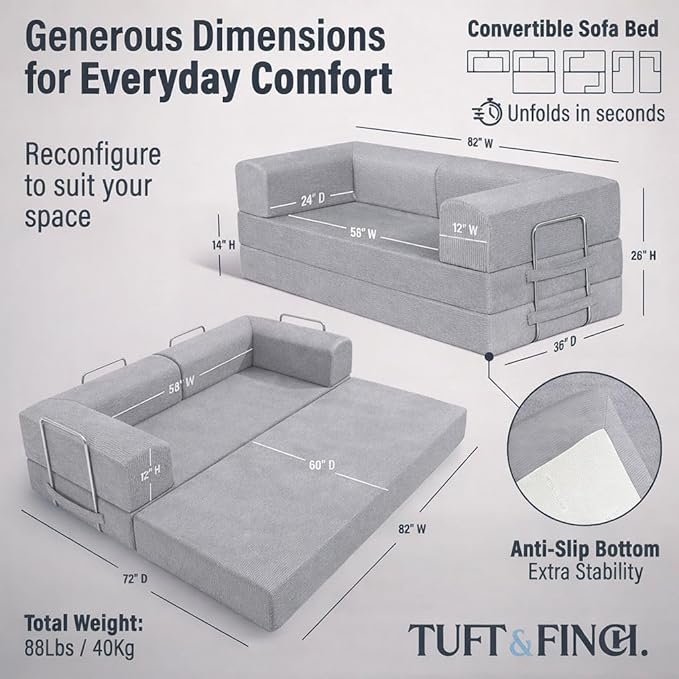 TUFT&ampFINCH 82 Folding Convertible Sofa Bed – 5 in 1 Modular Corduroy Boneless Couch for Living Room Pet-Friendly Cloud Couch Removable Washable Covers CertiPUR US Foam - Light Grey