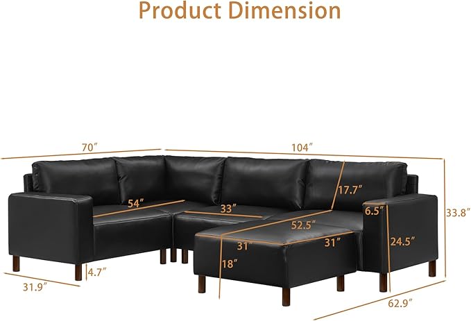 Mid-Century Modern Sofa with Movable Ottoman PU Leather U-Shaped Couch with Solid Wood Legs Comfy Modular Sectional Sofa Upholstered Cozy Couch for Living Room Bedroom Apartment(104W Black)