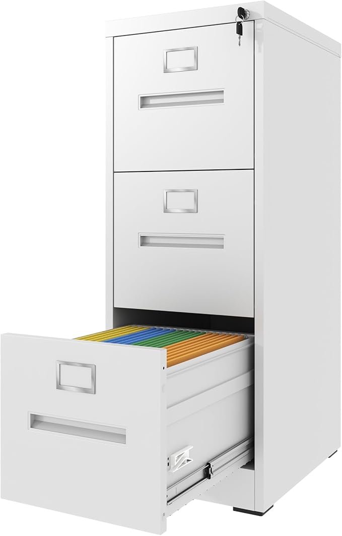 3 Drawer File Cabinet with LockMetal Vertical Filing Cabinets Office Home A4 Legal/Letter Size Narrow File Cabinet LockedAssembly RequiredWhite
