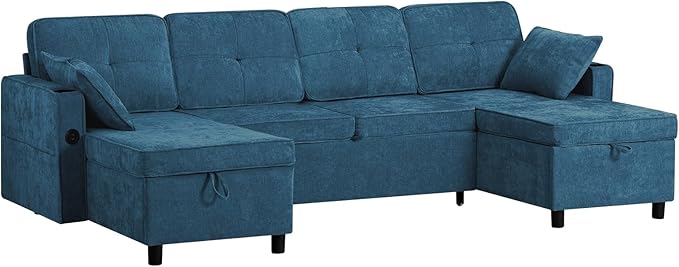 110 Inches U Shaped Sofa w/Adjustable Back &amp Pull-Out Sofa Bed Chenille Tufted Sectional Couch w/Storage Chaise &ampUSB Charging Port Modern Sleeper Couch w/Cup Holders for Living Room Blue
