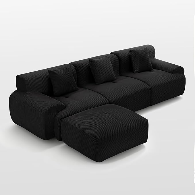 120 Modular Boneless Couch Cloud Couch Sectional Couches for Living Room with Ottoman Modern L-Shaped Modular Sectional Sofa with Deep Seat Corduroy 3-Seater Sleeper Sofas for Living Room (Black)