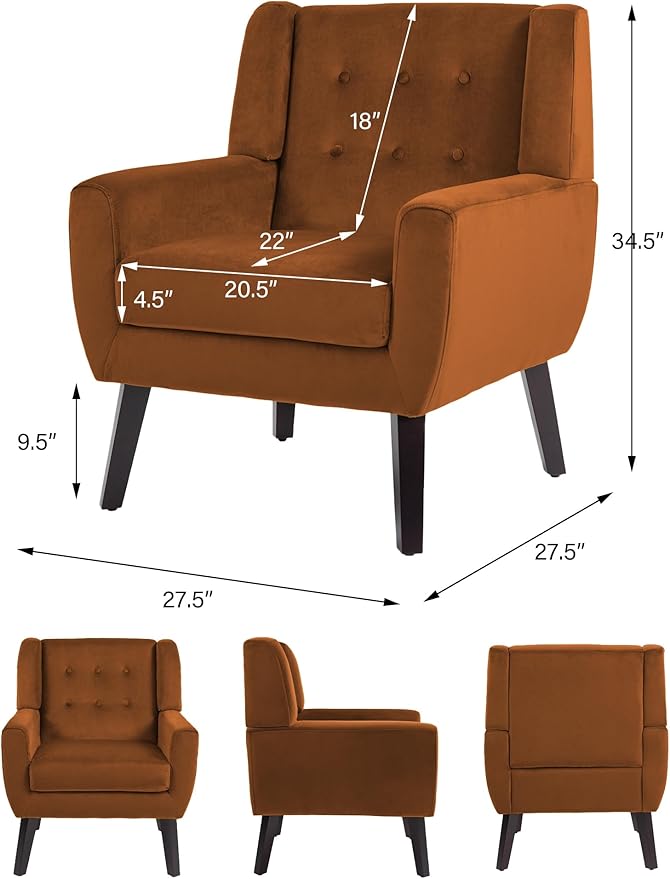 Accent Chair Modern Velvet Arm Chair for Living Room Bedroom Comfy High-Resilient Sponge Reading Chair for Small Spaces-Velvet Orange Set of 1