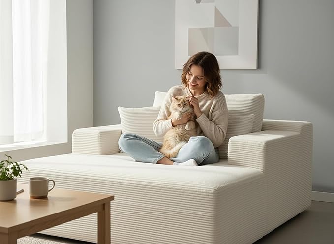 Monroe Convertible Chaise Lounge Chair Indoor – Oversized Corduroy Couch with Wide Armrest &amp Throw Pillows Cozy Boneless Sleeper Sofa Bed Armchair Beige