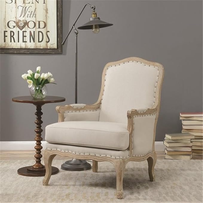 Pemberly Row Modern Wood Accent Chair Cream Upholstery Distressed Wooden Frame Taupe Finish Nail Head Trim Foam Cushions Cabriole Feet Living Room Furniture Indoor Seating
