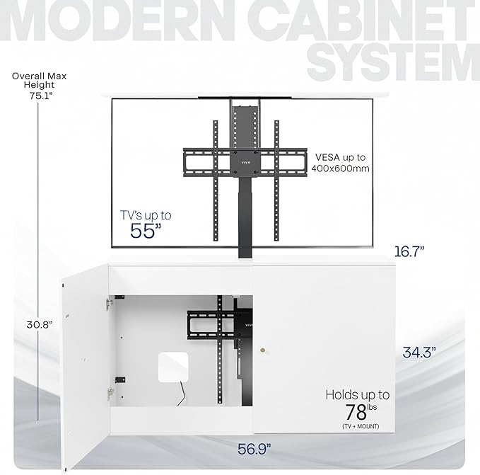 VIVO White TV Cabinet with Motorized Vertical Lift Television Stand Holds 32 to 55 inch TVs up to 44 lbs CASE-KIT-EUP1W
