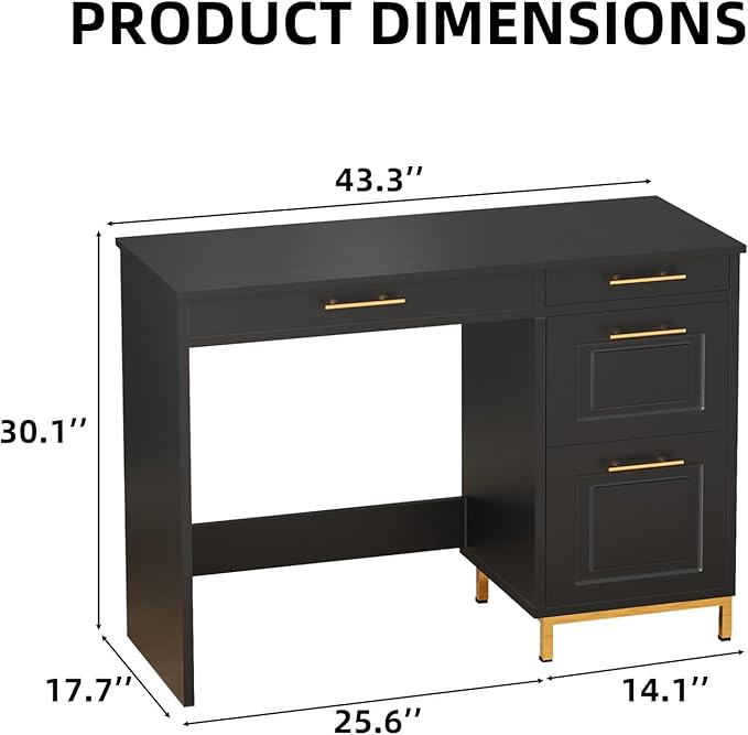 4 EVER WINNER Black Desk with Drawers 43 Inch Writing Desk with Storage File Cabinet and Golden Handle Home Office Desk for Bedroom Black