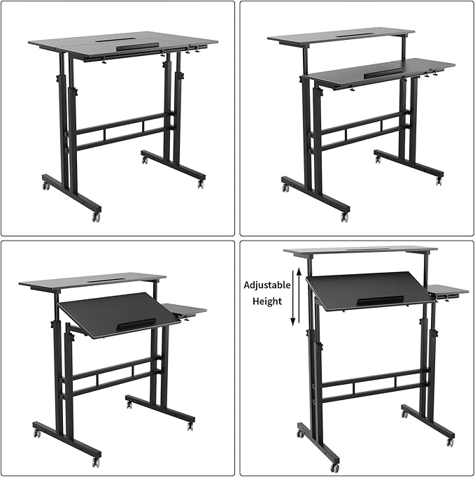 DlandHome Computer Desk Adjustable Rolling Desk Standing Desk 31.5L x 23.6W x 26.4-45.3H inch Black
