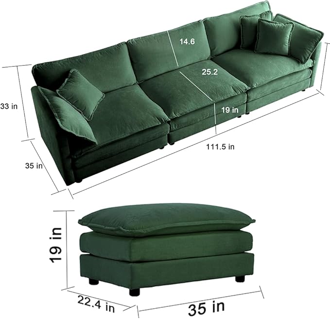 WILLIAMSPACE 111.5 Sectional Sofa Couch for Living Room Modern Upholstered U-Shaped Sofa with 2 Ottoman &amp Toss Pillows Modular 5 Seat Sofa Furniture for Apartment Chenille Fabric (Green)