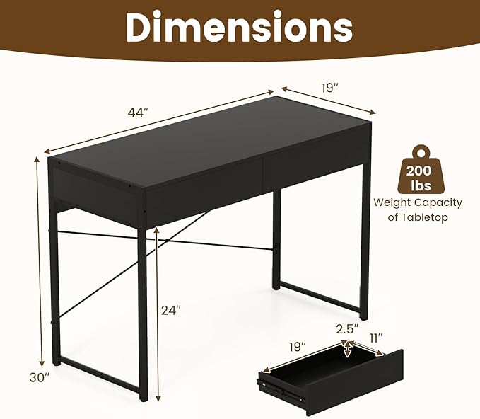 GOFLAME Modern 2-Drawer Computer Desk Home Office Desk w/Reinforced Heavy-Duty Metal Frame Versatile Study Writing Desk w/Anti-Tip Kit Ideal for Study Office Small Spaces Black