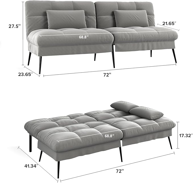 COMHOMA Convertible Sofa Bed68″Fabric Couch with Adjustable BackrestLoveseat Recliner Sleeper Living Room Furniture futon SetGrey