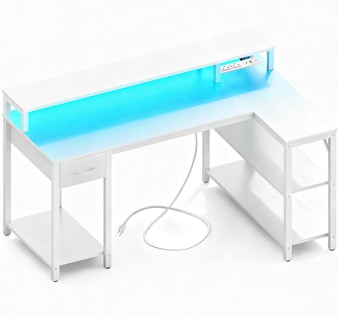 Simple Deluxe 47-inch L-Shaped Gaming Desk with LED Lights &amp Power Outlets Reversible Corner Computer Desk with Monitor Riser Drawer &amp Shelves for Home Office Black/White