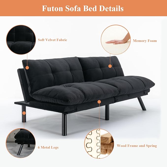Anwick Futon Sofa Bed Velvet Convertible Futon Sleeper Couch 71 Sleeper Sofa Bed with Adjustable Backrest Modern Loveseat Couch for Compact Living Room Apartment Office (Black-New)