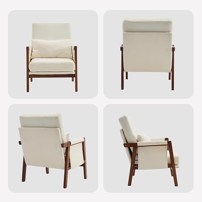 Accent Chairs Set of 2 Mid-Century Modern with Lumbar Support Pillow Upholstered Living Room Chairs with Wooden Chenille Armchair with Cushion Anthropologie Side Chair for Bedroom Beige