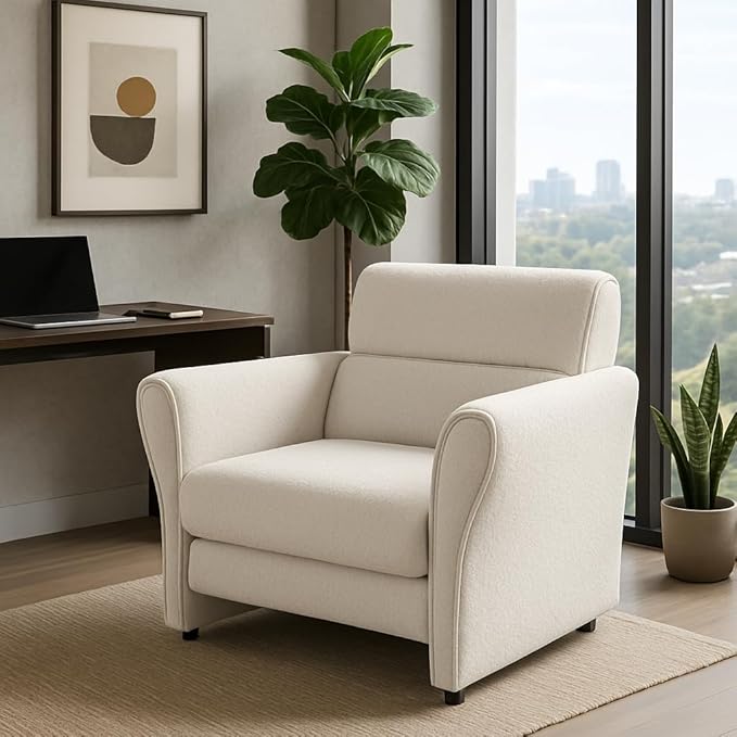 IDEALHOUSE Modern Accent Chair for Bedroom Upholstered Reading Armchair Furry Sherpa Boucle Chair Mid-Century Lounge Comfy Single Sofa for Living Room Home Office Ivory